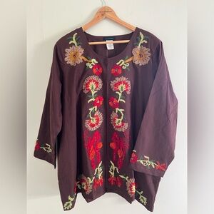 Ulla Popken 24/26 Embroidered Floral Boho Tunic Brown Cotton Folk Top Plus Size